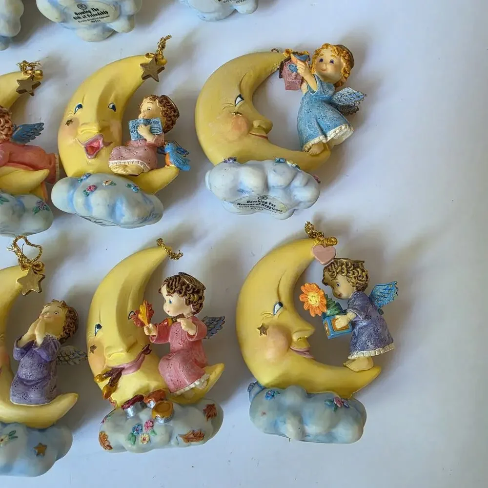 Heaven's Little Helpers Hanging Moon Angel Ornaments Porcelain Lot Of 18 Vintage